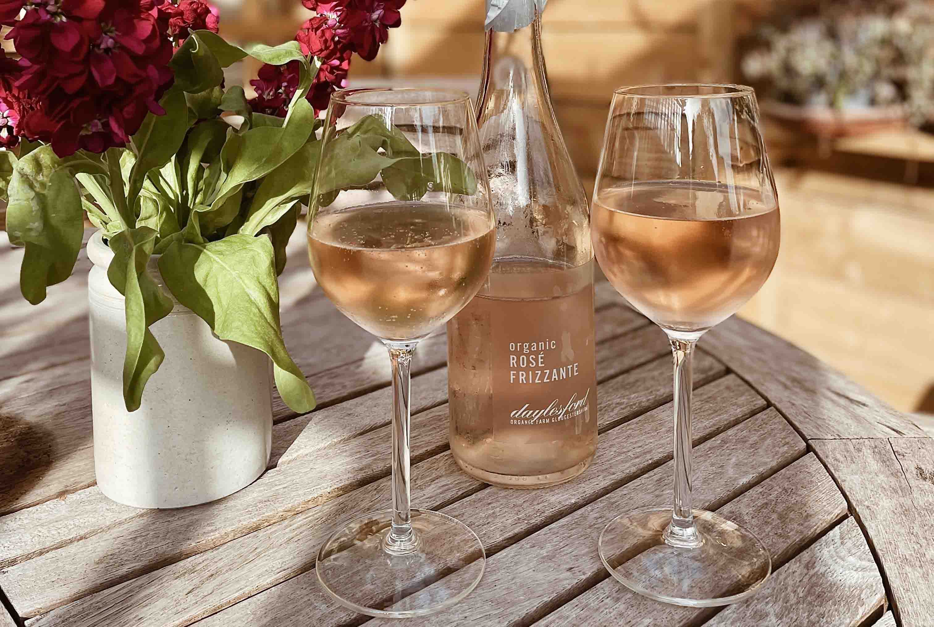Two chilled glasses of Daylesford Rose Frizzante