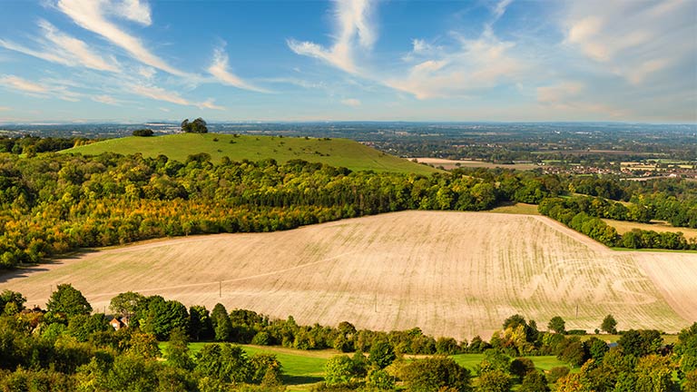A bird's eye view of the rolling countryside of the Chiltern Hills AONB