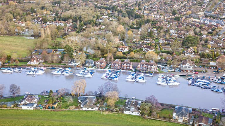 A bird's eye view of boats in the water at Bourne End Marina near Marlow