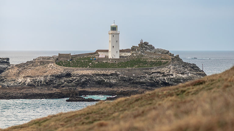 A view of Godrevy Lighthouse and island from the cliffs in West Cornwall 