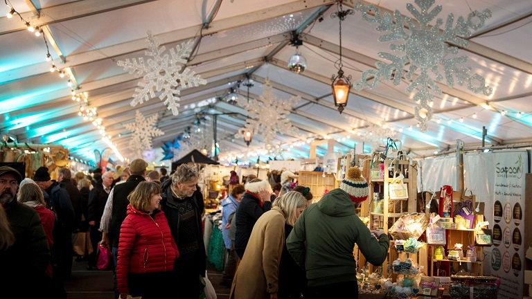 Shoppers inside one of the many market tents at Padstow Christmas Festival