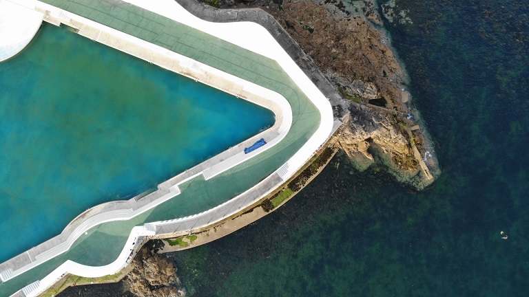 A bird's eye view of Jubilee Pool, which marks the beginning of the Penzance promenade - a great place for autumn walks