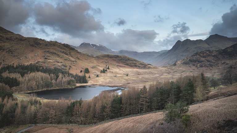 A distant view of Blea Tarn, one of the Lake District's most easily accessible mountain tarns