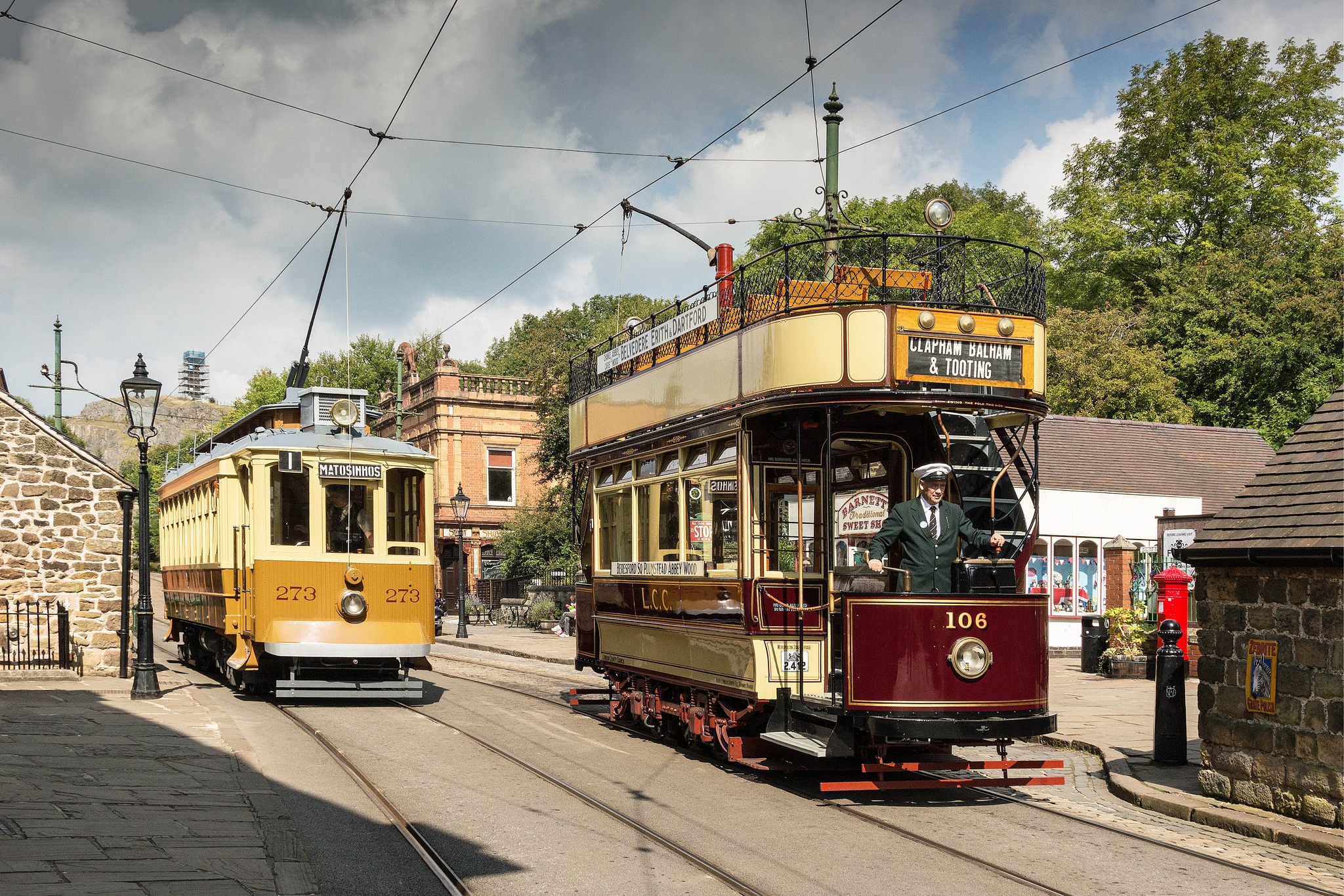 The historic trams and buildings of Crich Tramway Village in the Derbyshire Peak District