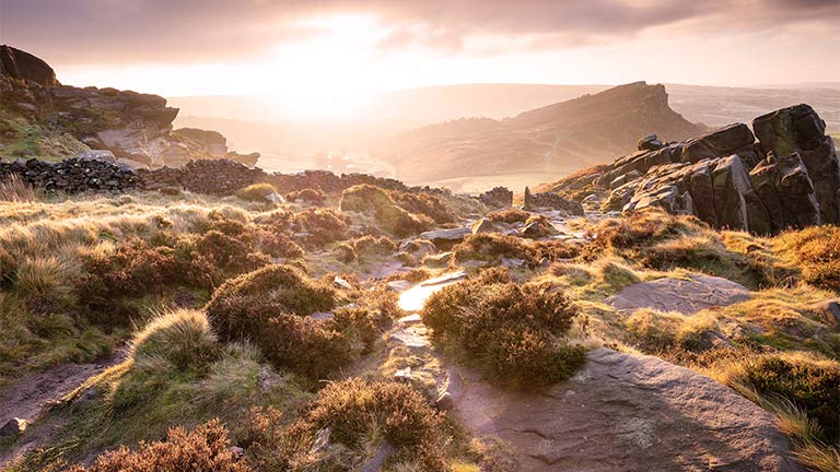 The beautiful moorland at The Roaches as dawn
