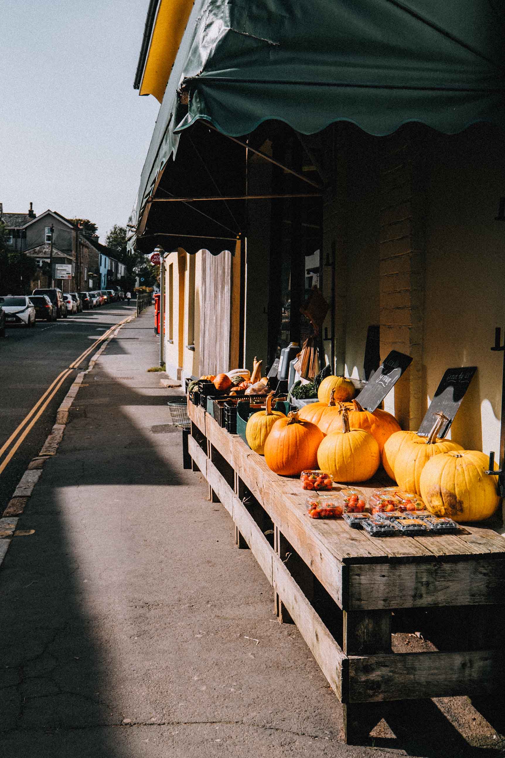 Shopfront in Moretonhampstead with pumpkins outside