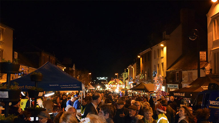 Looking out over the packed Christmas market at the Bridport Christmas Festival