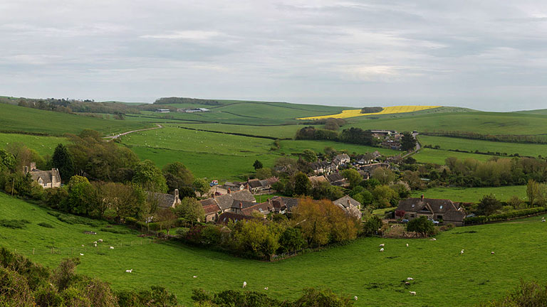 The picturesque village of Kimmeridge above Kimmeridge Bay on Dorset's Jurassic Coastline