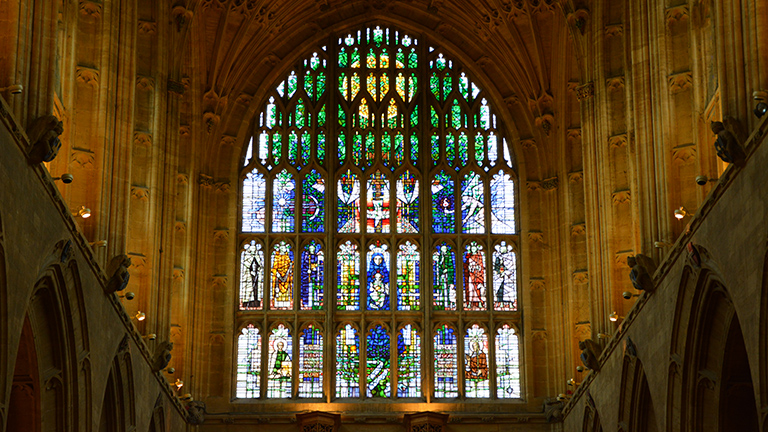 Beautiful stained glass windows inside Sherborne Abbey