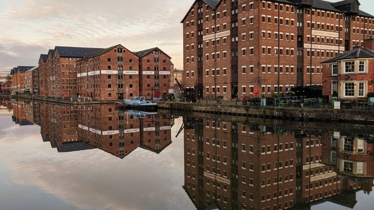 The historic buildings down at Gloucester Quay, including the red bricked National Waterways Museum