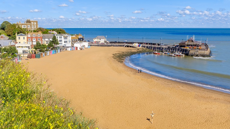 Viking Beach - one of the most popular beaches near Broadstairs in Kent for its sandy shores, promenade, beach huts and water sports
