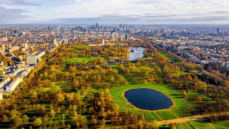 An aerial view of Hyde Park, one of London's most famous Royal Parks