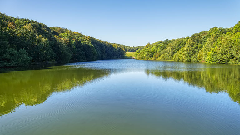 The tranquil surface of one of Linacre's three reservoirs on a blue sky day 