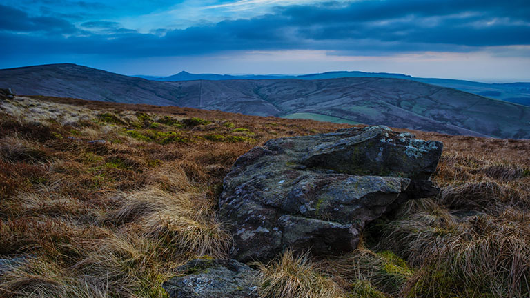 A distant view of Shining Tor on the left with Shutlingsloe in the distance, from Goyt Valley