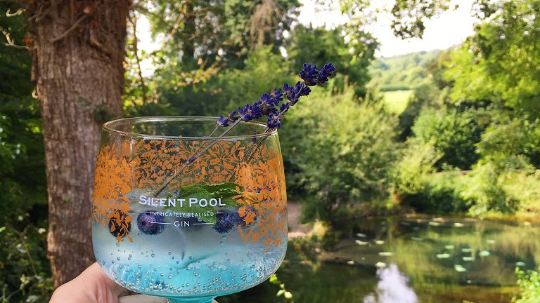 A botanics-infused gin overlooking the Silent Pool at Silent Pool Gin Distillery in Surrey