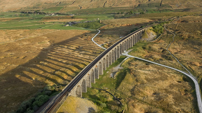 An aerial view of the Ribblehead Viaduct in Yorkshire