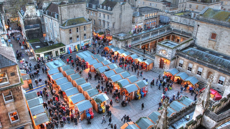 Looking across at the many stalls at the Bath Christmas Market