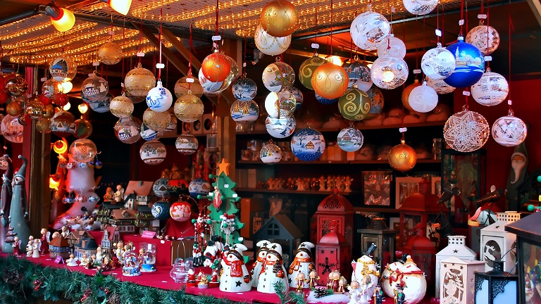 Baubles and decorations on a Christmas market stall