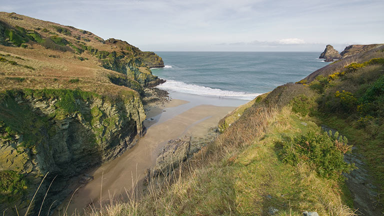 A small golden beach nestled between towering cliffs at Bossiney Cove in Cornwall