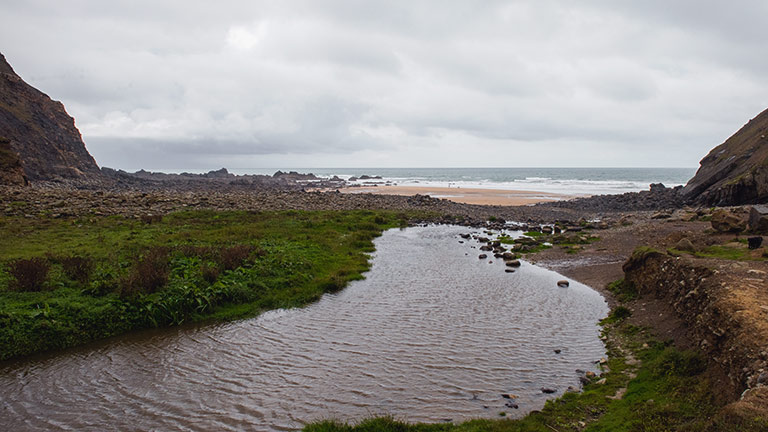 A river flows down to the sea at Duckpool beach in Cornwall