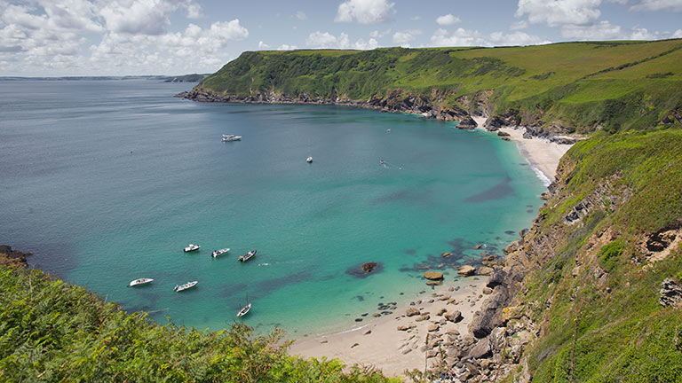 Rugged cliffs tower over golden sand and turquoise waters at Lantic Bay in Cornwall