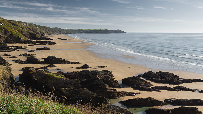 A panorama of Whitsand Bay, one of the longest beaches in Cornwall