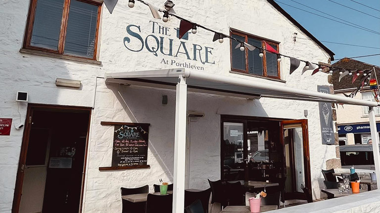 Outside The Square restaurant in Porthleven