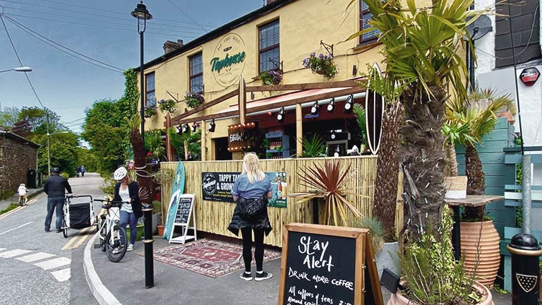 The palm-fronted facade of The Taphouse pub, bar and restaurant in St Agnes