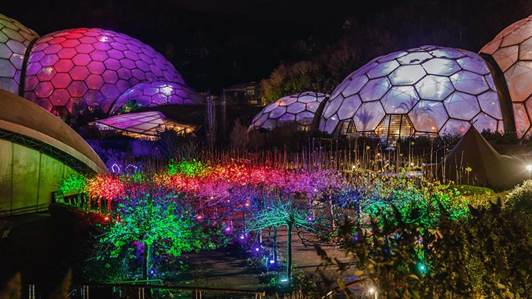 Beautiful illuminations in the gardens and biomes of The Eden Project