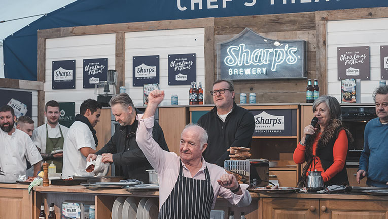 Rick Stein, Paul Ainsworth and celebrated chefs gathered on stage during Padstow Christmas Festival