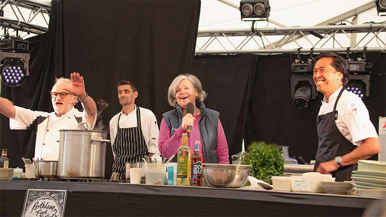 Chef Antony Worrall Thompson and Jude Kereama at Porthleven Food Festival
