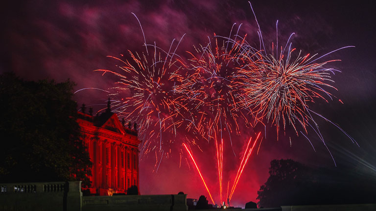 Fireworks bursting in the sky above Chatsworth House in Bakewell, Derbyshire