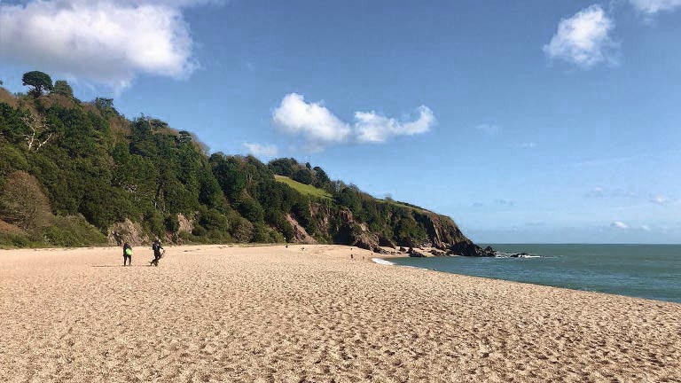 The golden beach at Blackpool Sands backed by a tree-topped cliff