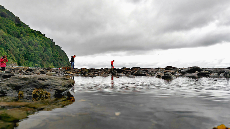 Beachgoers on the coast of Lynmouth in Devon