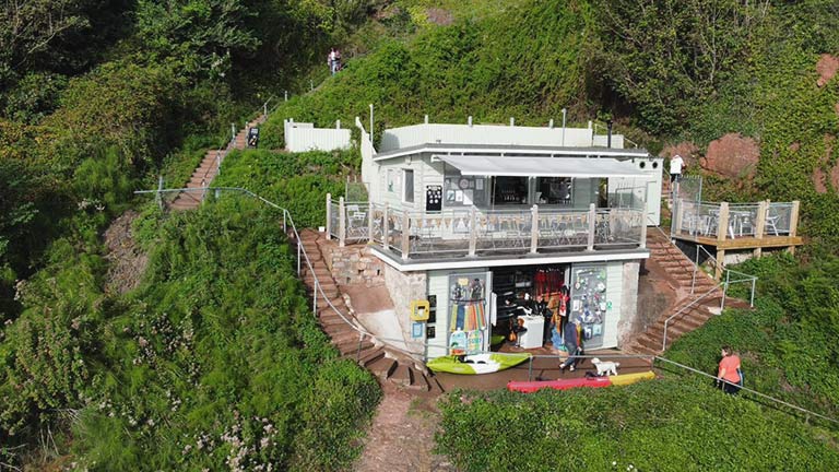 An aerial view of Cafe Rio at Maidencombe Beach near Torquay