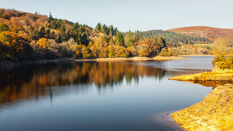 The glassy water of Burrator Reservoir at golden hour