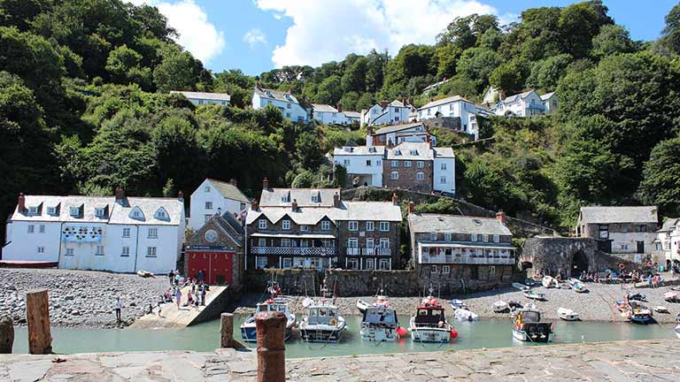 Looking up from the harbour at the pretty sloping village of Clovelly in North Devon
