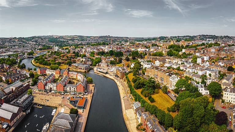 An aerial view of the city of Exeter in Devon