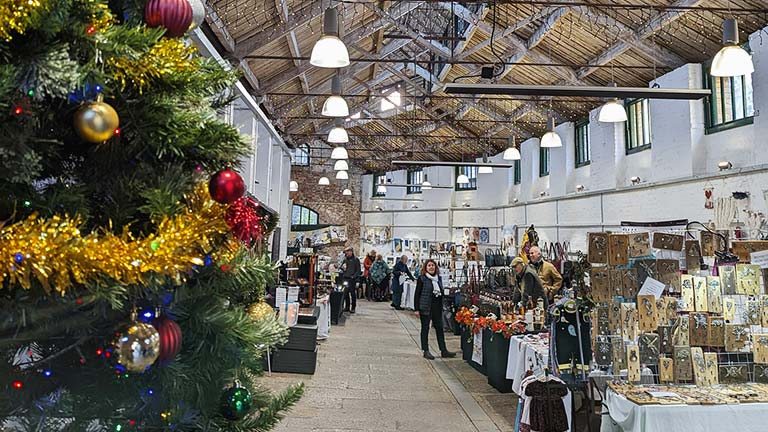Christmas markets inside Tavistock's famous Butcher's Hall