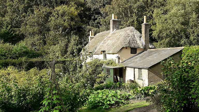The picturesque thatched cottage and verdant gardens of Thomas Hardy's Cottage near Dorchester, surrounded by woodland