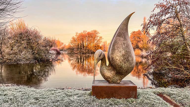 A beautiful bird sculpture next to a still lake surrounded by frost-covered grass and trees at Sculpture by the Lakes in Dorchester