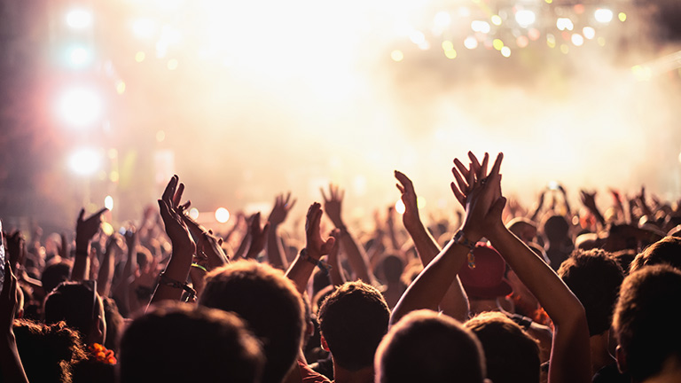 Festivalgoers with their hands in the air during a live concert