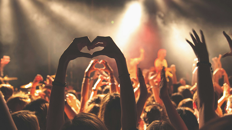 A pair of hands in the air shaped like a love heart at a music festival 