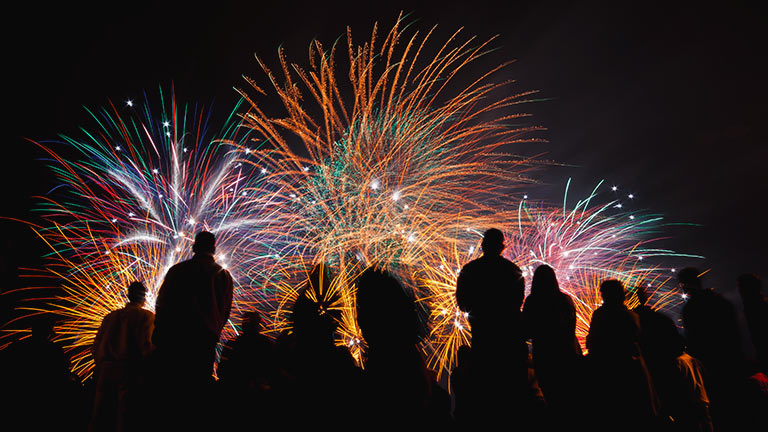 Festival-goers watching fireworks cascade in the night sky