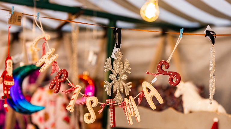 Festive decorations at Moreton-in-Marsh Christmas Markets in the Cotswolds