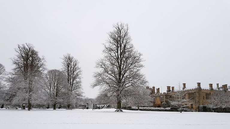 Snow covering the grounds of Sudeley Castle