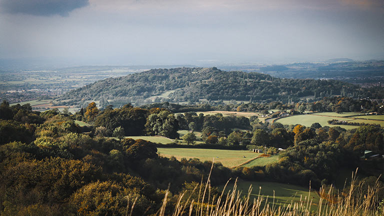 Looking over fields and woodland around Painswick in Gloucestershire