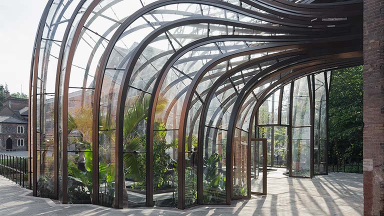 The glass conservatory of the Bombay Gin Distillery in Hampshire