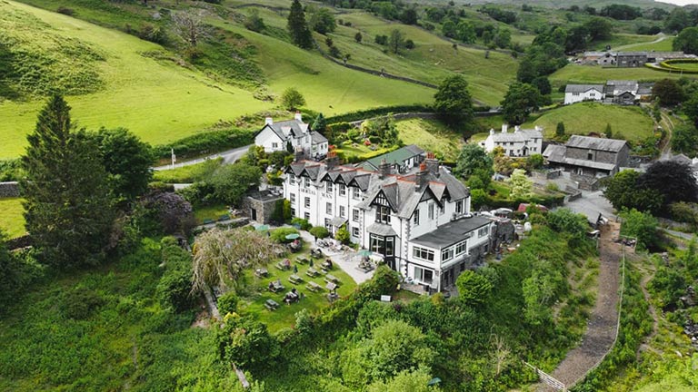 An aerial view of The Mortal Man restaurant in Troutbeck, The Lake District
