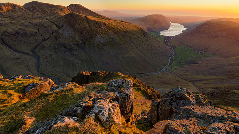 Golden hour views over Wasdale Valley from Scafell Pike